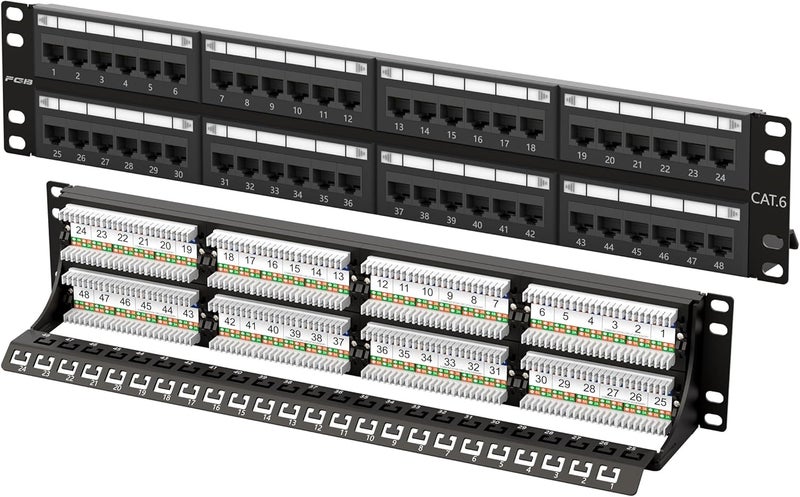 FGBB 48-Port Cat6 Patch Panel, 2U 19" Rackmount or Wall Mount RJ45 Ethernet Patch Panel for Gigabit Networks - Image 1